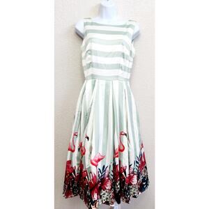 Collectif Green Pink Vanessa Stripe Flamingo Swing Dress XS NWT Colorful Flowy